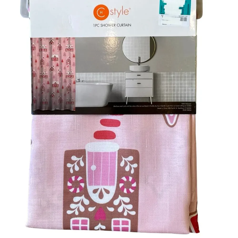 Christmas GINGERBREAD HOUSE Shower Curtain 72x72 Pinkmas Holiday Glam NEW